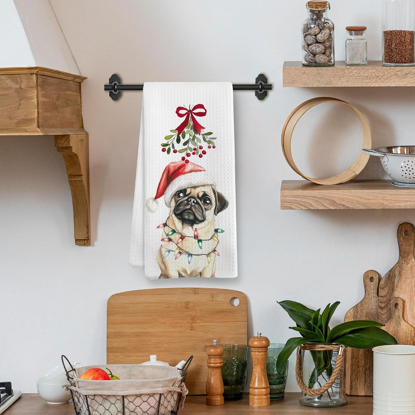 Funny Christmas Pug Dog Kitchen Towels, Pugs Gifts for Pugs Lovers Women Kids Men, Mistletoe Pug Christmas Ornament Decor Dish Hand Tea Towels Accessories Stuff for Bathroom Kitchen, 16x24 In