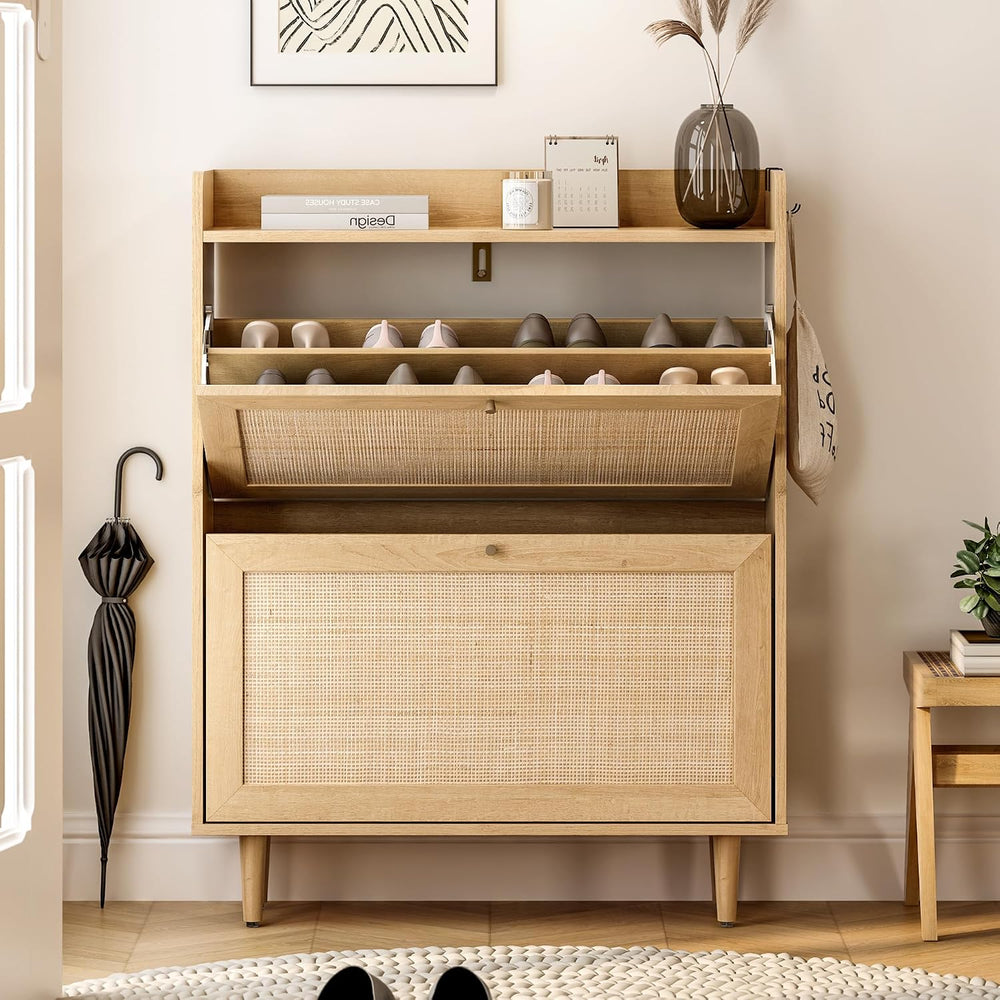Rattan Storage Shoe Cabinet with 2 Flip Drawers Set of 2, Farmhouse Freestand...