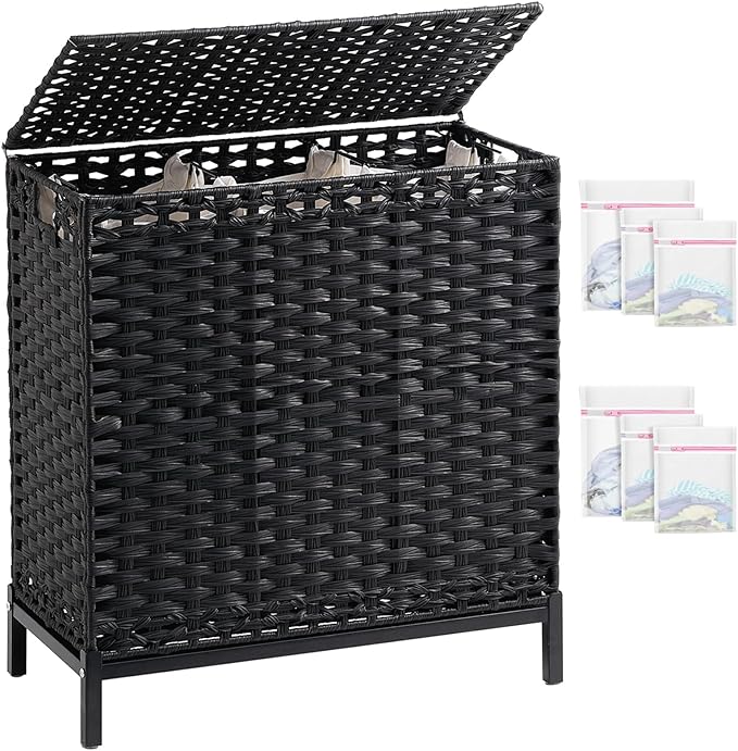 Laundry Hamper with Lid 132 L, Clothes Hamper with Lid, Handwoven Rattan by SETVSON