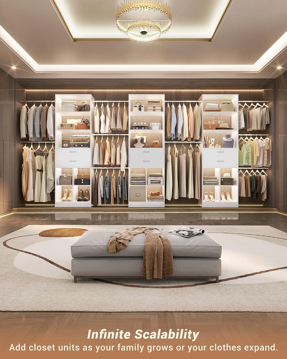 Besiost Small Closet System, 3.2-6.8FT Small Closet Organizer with 2 Wooden D...