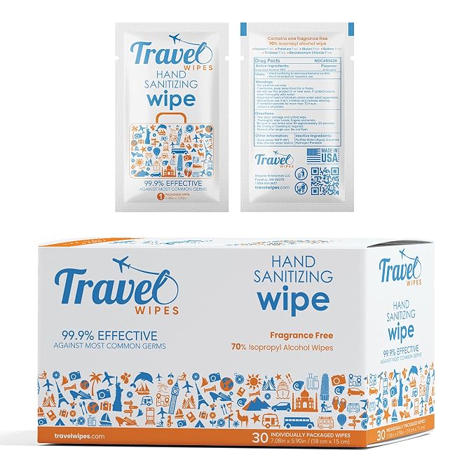 Hand Sanitizing Travel Wipes – 30ct Individually Wrapped | Fragrance-Free by TravelWipes