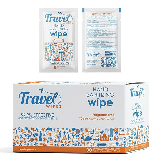 Hand Sanitizing Travel Wipes – 30ct Individually Wrapped | Fragrance-Free by TravelWipes