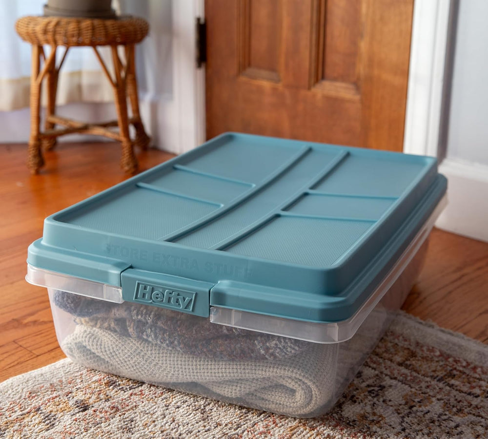 Hefty Hi-Rise Storage Bin with Lid, 40 Quart, Smoke Blue, 6 Pack