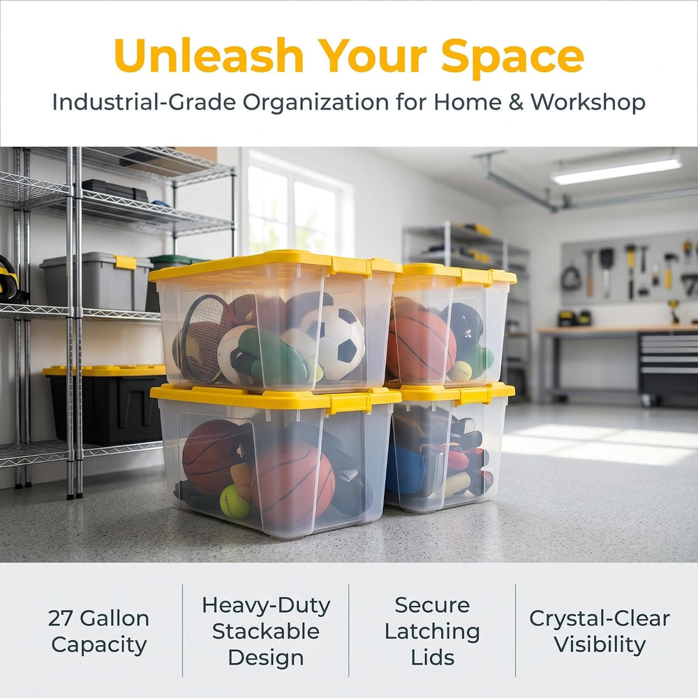 Large Industrial Storage Bins with Lids, 27 Gallon Clear Plastic Tote for Gar...