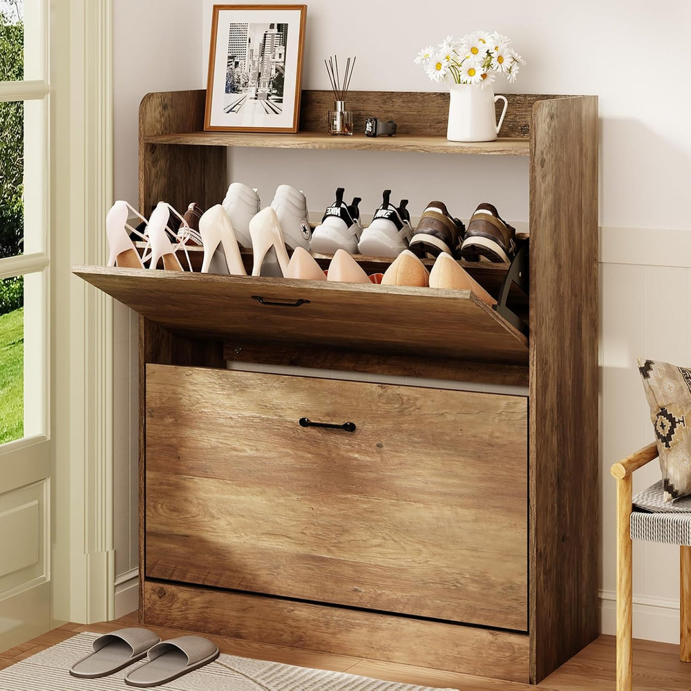 HOMMPA Farmhouse Shoe Storage Cabinet with 2 Flip Drawers, Freestanding Shoe ...