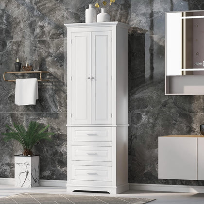 Polibi Tall Storage Cabinet with 3 Drawers, 3-Tier Adjustable Shelves & 2 Doors, Floor Freestanding Linen Cabinet for Bathroom, Living Room (White)
