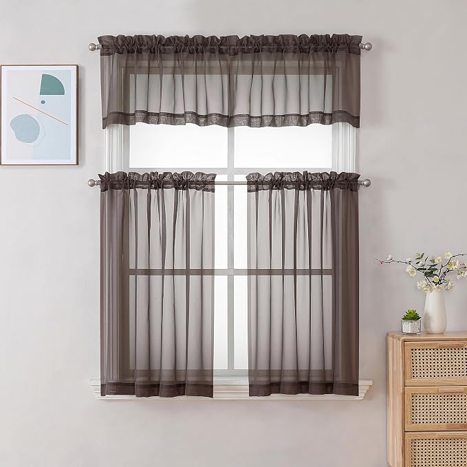 Chyhomenyc Sheer Chocolate Brown Tier Curtains 24 Inch Length, Small Window - Image 2