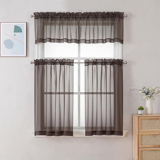 Chyhomenyc Chocolate Brown Sheer Curtains 30 inch Length 2 Panels, Light - Image 2