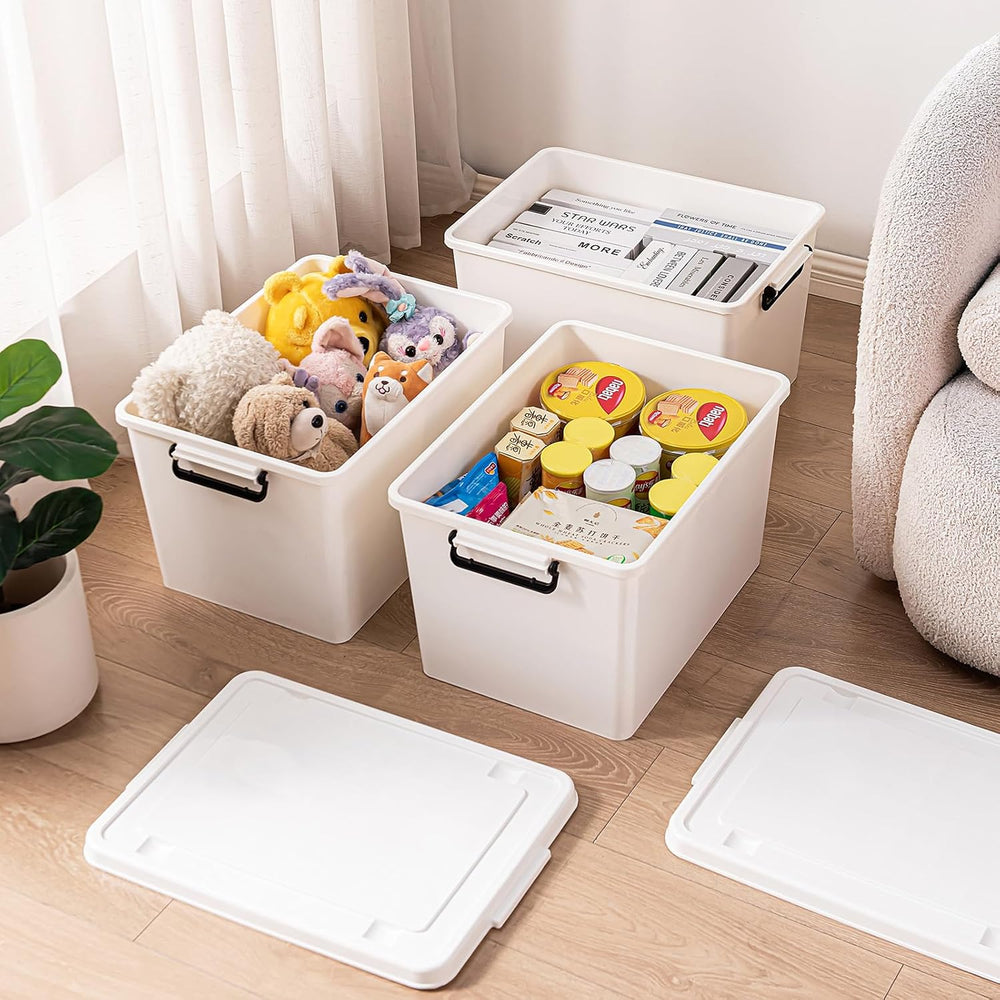 Large Stackable Plastic Storage Bins with Wheels, 3-Pack 60 Quart White Thick...