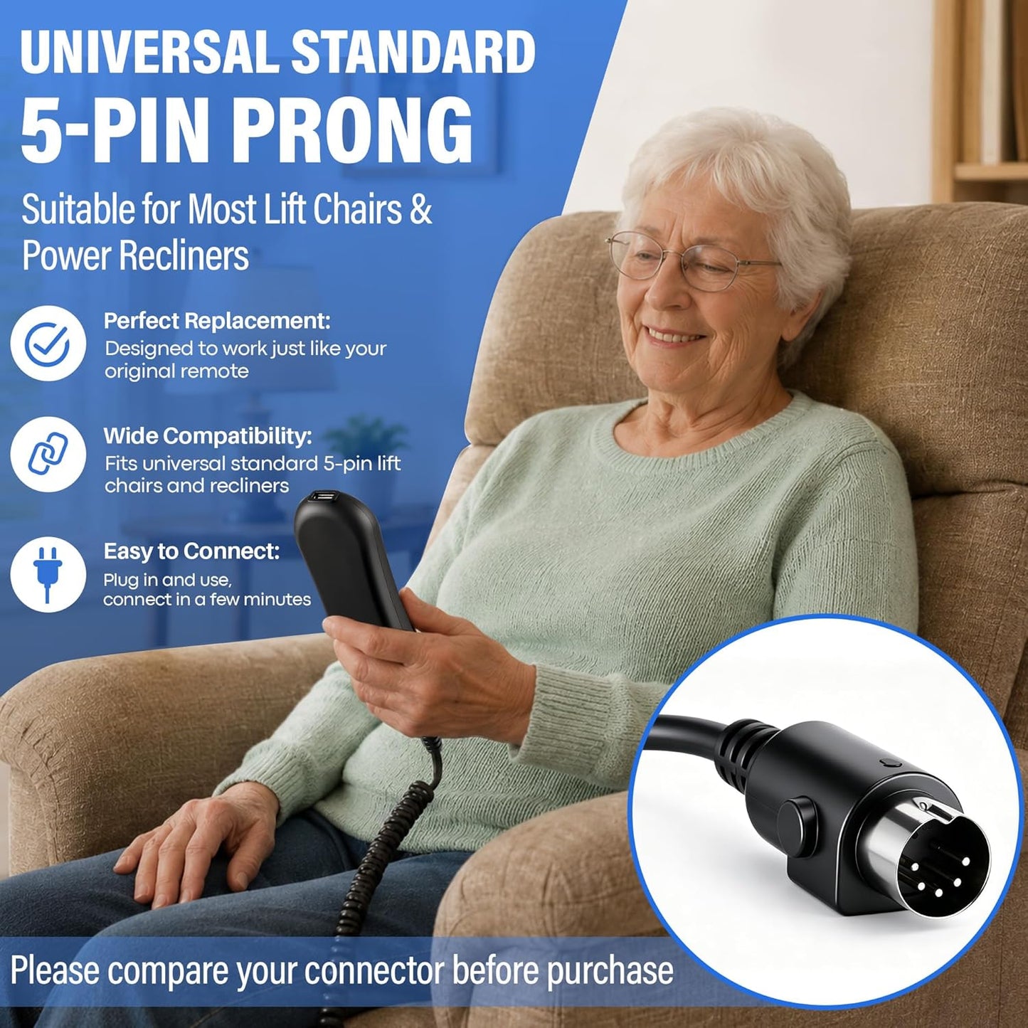 Lift Chair Remote Replacement, 4 Button 5 Pin Prong Power Motor Remote for Lift Chair & Recliner Replacement Parts, with LED Backlight, USB Charging Port, Recliner Hand Control