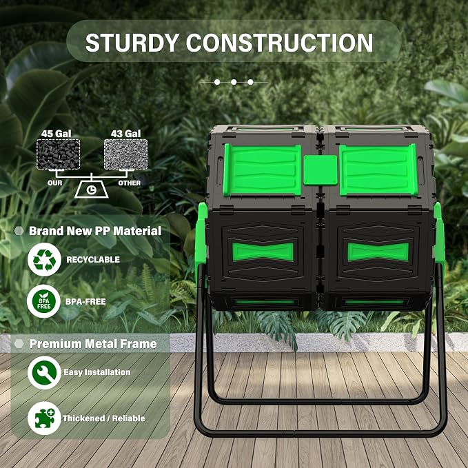 Compost Tumbler, 45 Gallon / 170L Dual Chamber Compost Bin Outdoor, 360° - Image 5
