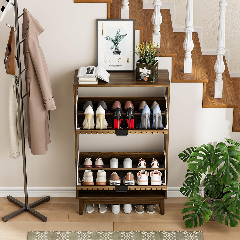 Shoe Cabinet, Shoe Storage Cabinet for Entryway with 2 Slatted Flip Drawers, ...