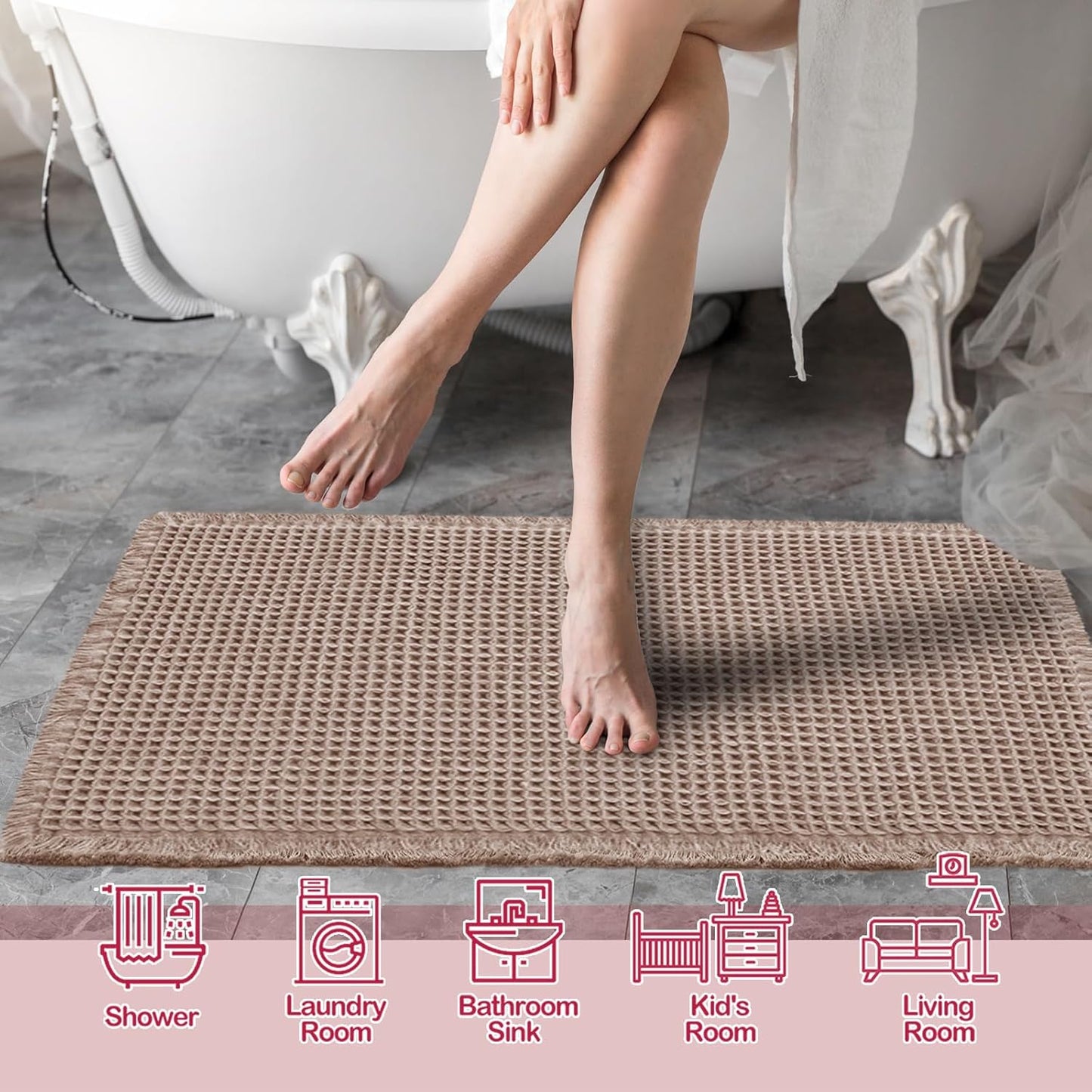 ZALL Tan Waffle Bath Mat,Super Absorbent Non Slip Bathroom Rug,Brown 18x30inch,Machine Washable Ultra Soft Floor Mats