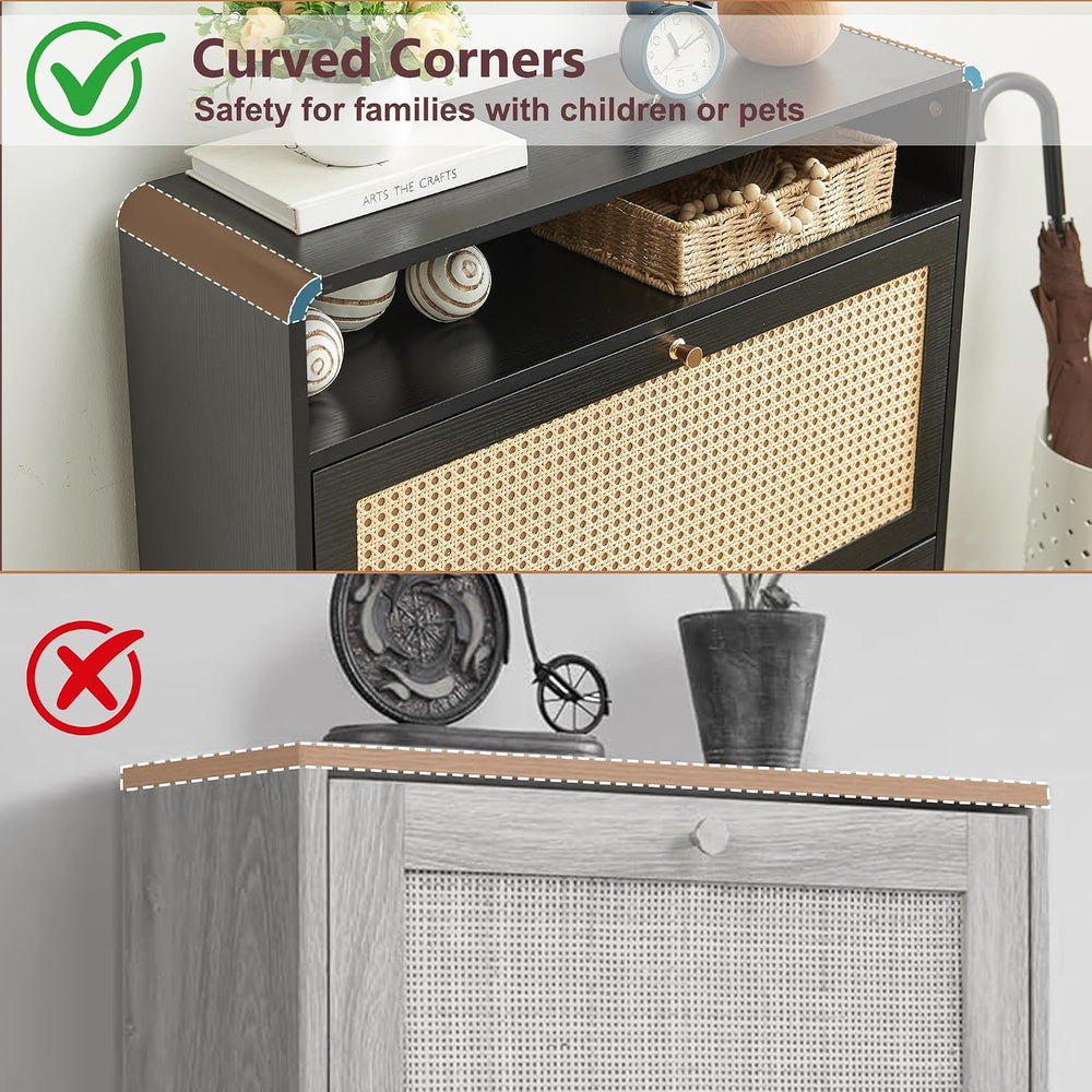 Rattan Shoe Cabinet with 2 Flip Drawers, 16 Pairs Narrow Shoe Storage Cabinet...
