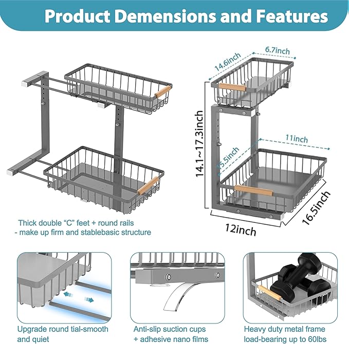 Under Sink Organizer Storage 2 Pack, 2 Tier Slide Out Height Adjustable Pull - Image 6