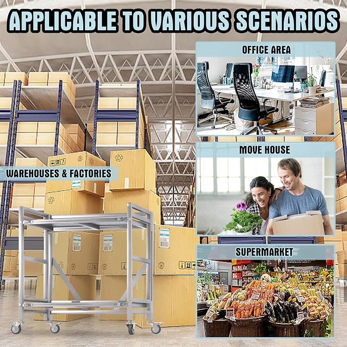 2 Shelf Rolling Cart with Wheels, 660lbs Capacity Collapsible Steel Rolling - Image 7