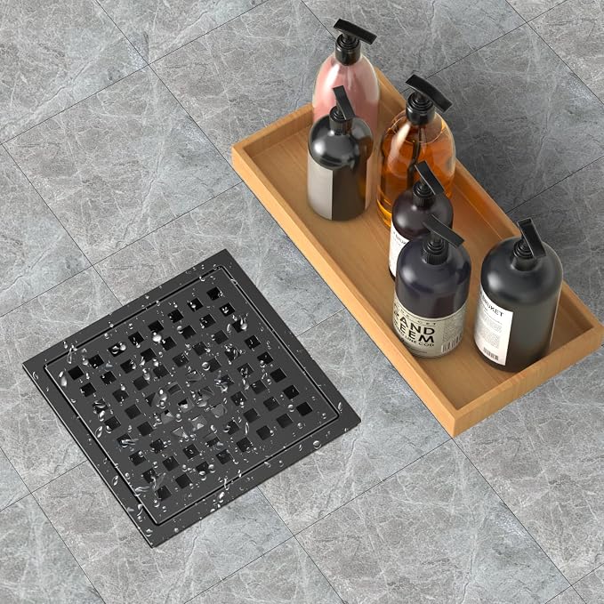 6 Inch Shower Drain Matte Black, Square Bathroom Floor Drain, Stainless Steel - Image 4