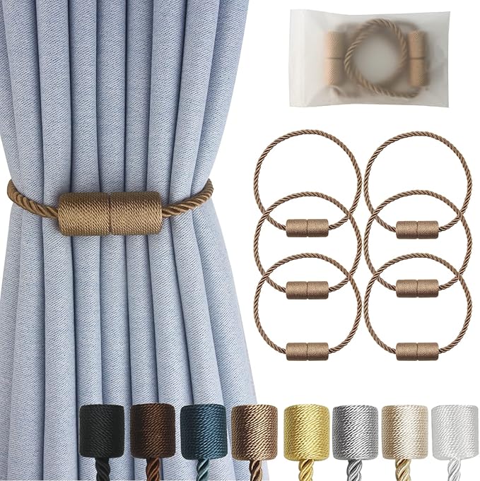 Magnetic Curtain Tiebacks 6 Pack Khaki Curtain Rope Tieback Curtain Holders by CURTAINTIEBACKS