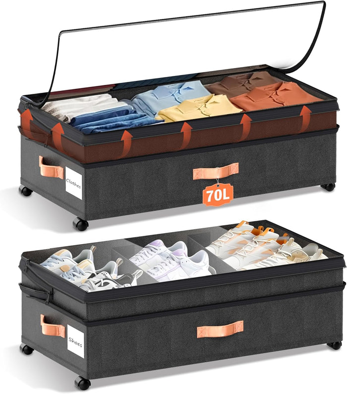 XXL Under Bed Storage with Wheels, 2 Pack 70L Extra Large Rolling Organizer, Heavy-Duty Foldable Storage Container with Lids, Fits 10" Clearance, Black