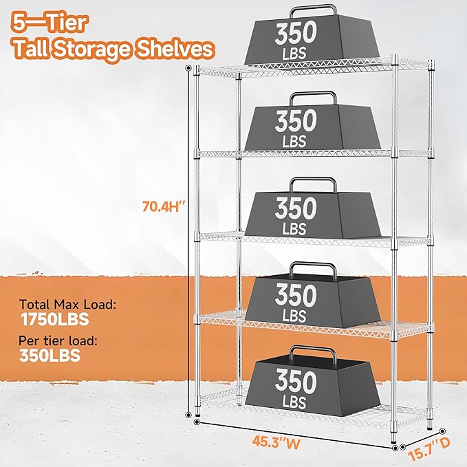 MZG 1750 lbs 5 Tier Storage Rack Metal Wire Shelving Unit, Storage Standing - Image 3