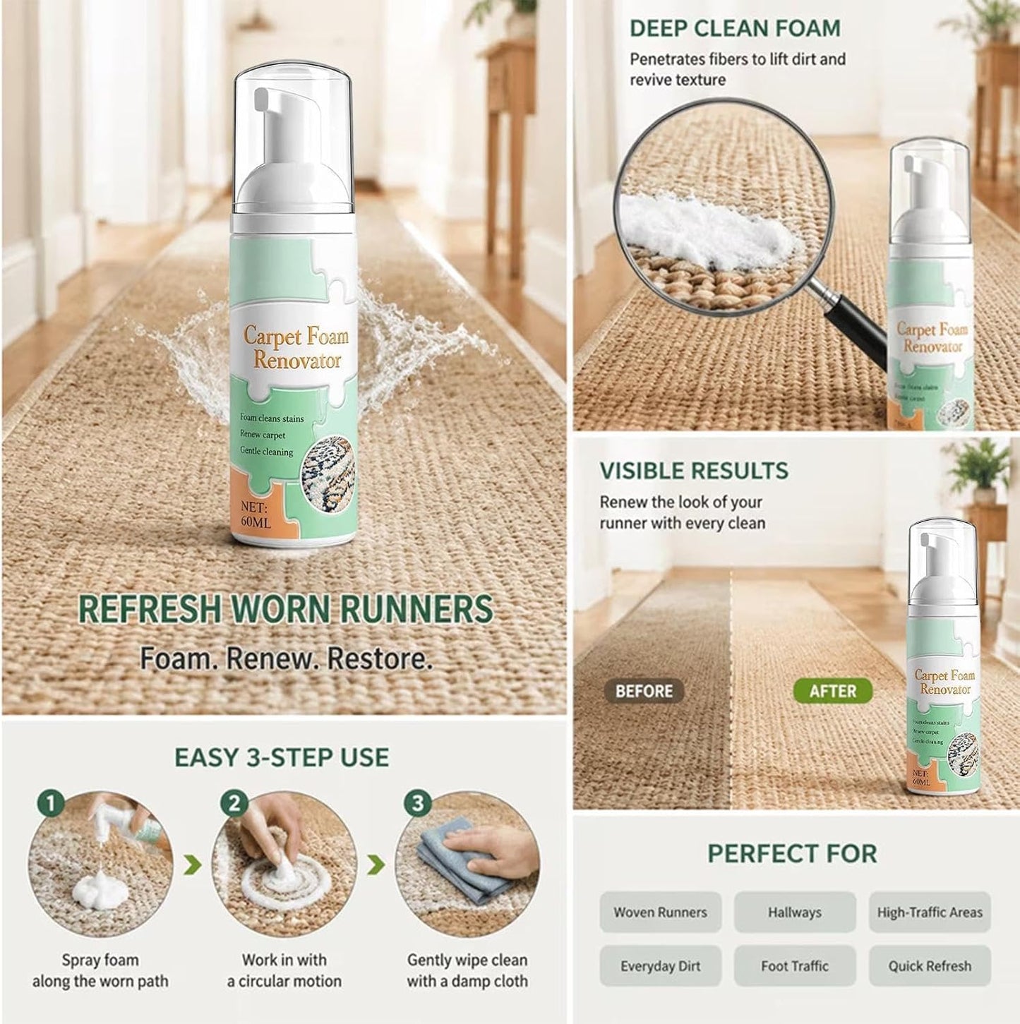 Foam Carpet Cleaner - Fabric Stain Remover - 60ml Upholstery Cleaning Spray | Carpet Stain Remover for Sofa Couch Furniture Mattress Seat Car Interior Mat Cushion