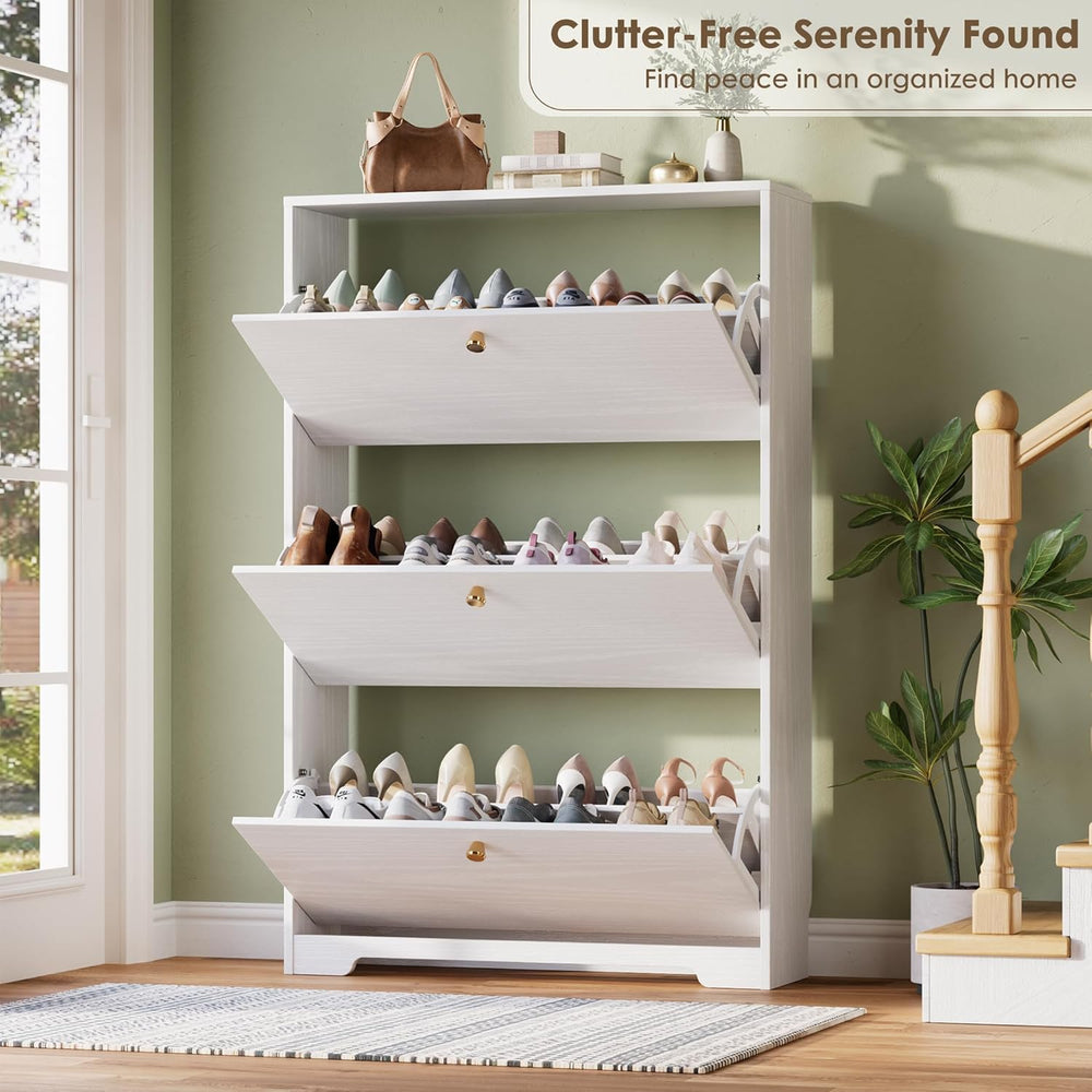 Nicetree Shoe Cabinet with 3 Flip Drawers, Narrow Shoe Organizer Cabinet, Fre...