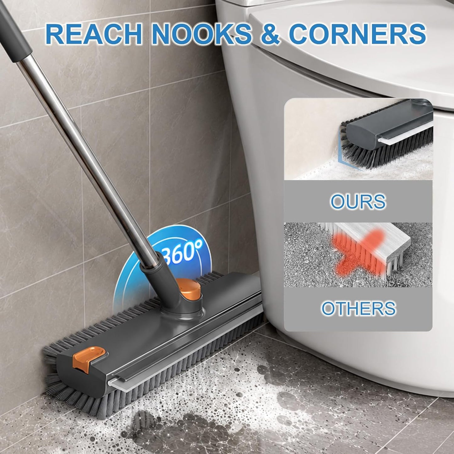 Floor Scrub Brush with Long Handle, 3 in 1 Floor Scrubber, Heavy Duty Stiff Bristle Squeegee Broom for Cleaning Shower Bathroom, Tile, Patio, Pool, Garage, Kitchen and Deck, Grey