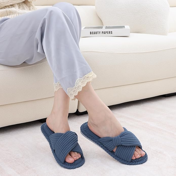 Evshine Summer House Slippers for Women Corduroy Cross Bow Indoor Slippers Open - Image 6
