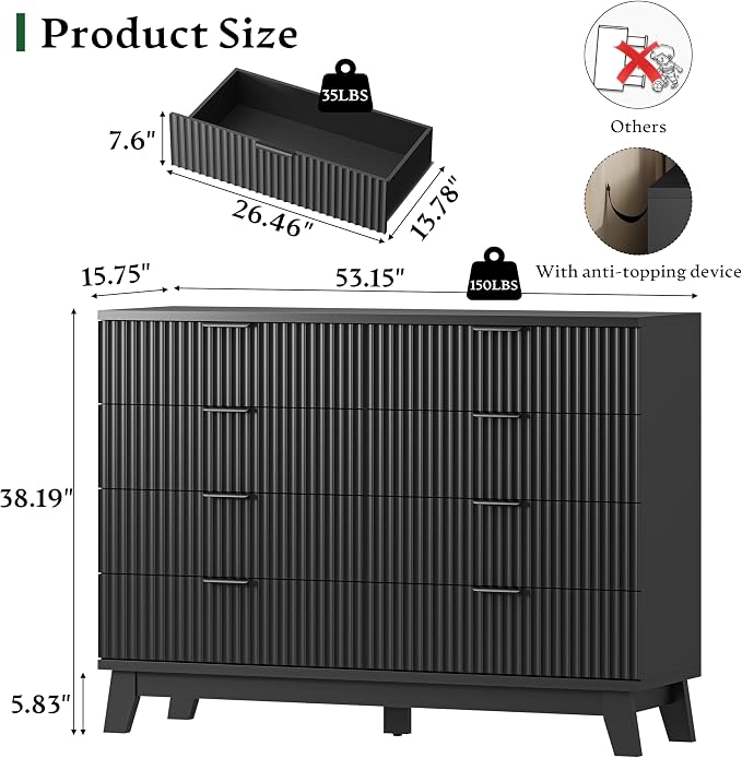Fluted Dresser with 8 Drawers, Wooden Dresser TV Stand, Wood Closet Clothes - Image 2