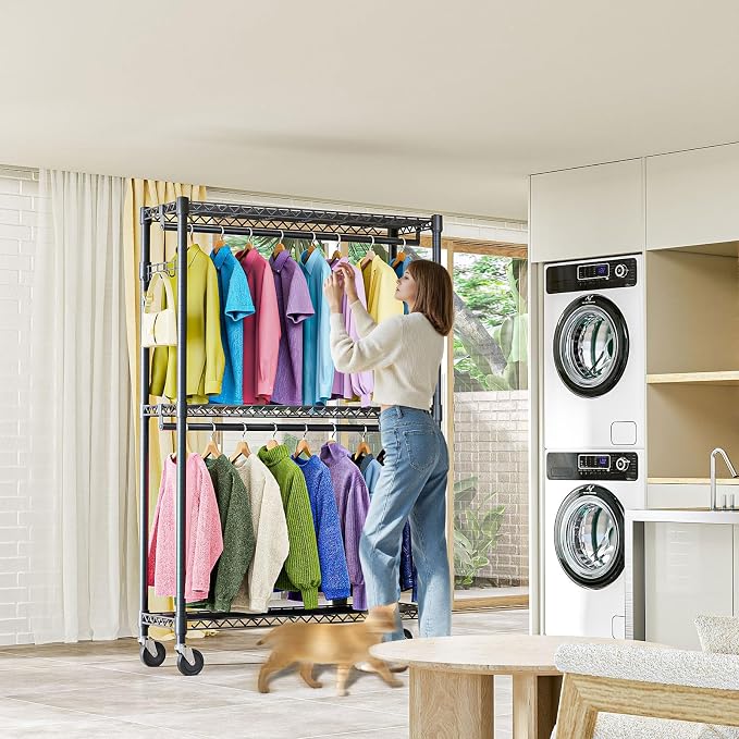 Heavy Duty Rolling Garment Rack 3 Tiers Adjustable Wire Shelving Clothes Rack - Image 6