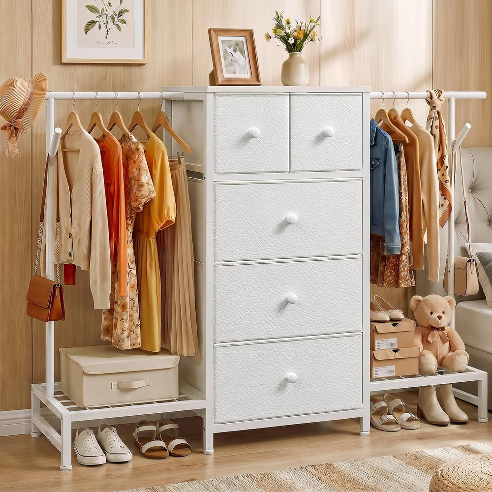 Romorgniz 3-in-1 White Dresser with Hanging Rack, 5 Drawers & 2 Shoe Racks