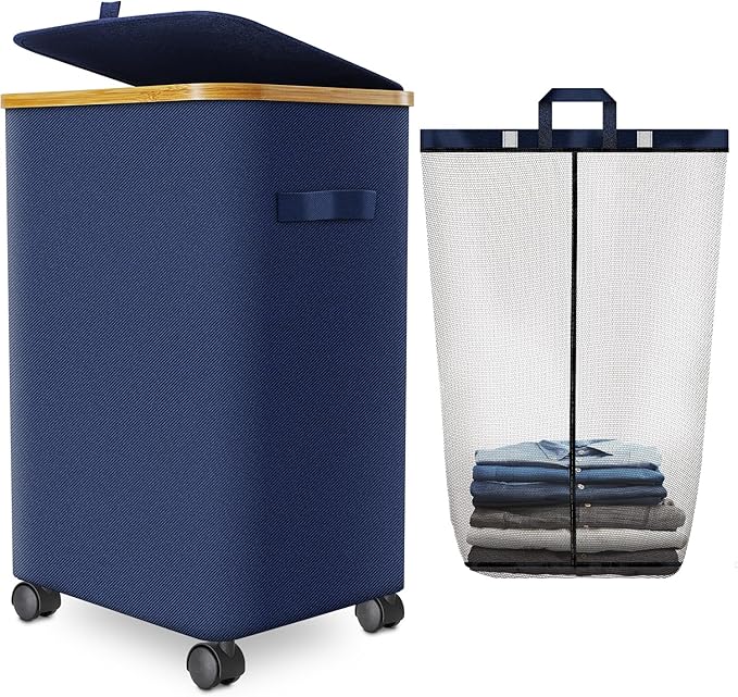 Laundry Hamper with Wheels, 20 Gal Laundry Basket with lid Rolling Clothes by Wuevu