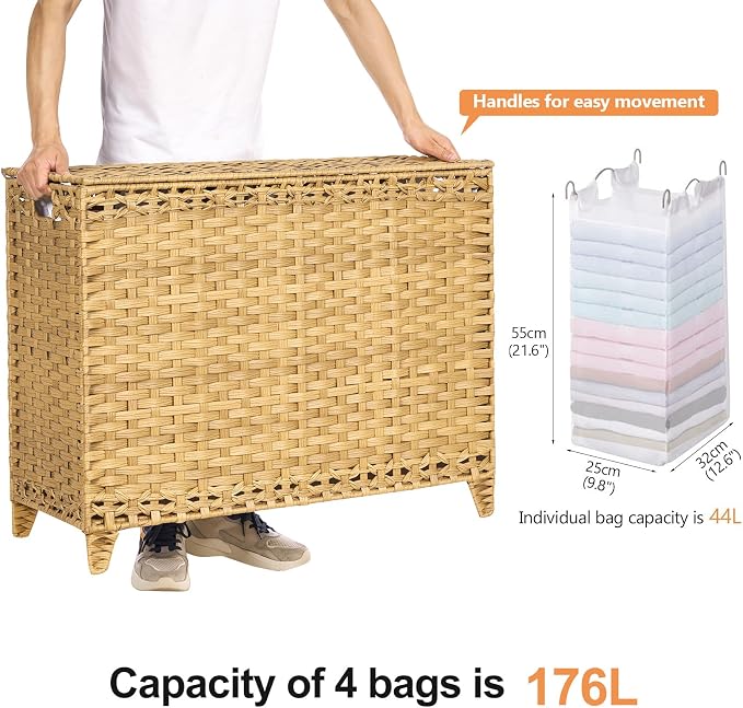 Laundry Hamper with 4 Removable Liner Bags; 176L Handwoven Rattan Laundry - Image 4