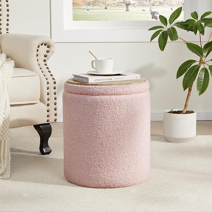 Boucle Round Ottoman with Storage Set of 2, Small Foot Stool Ottoman - Image 2