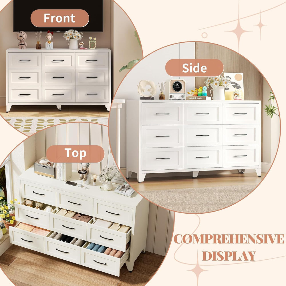 Metal 9 Drawer Dressers for Bedroom, 52" Wide White Steel Chest of Drawe...