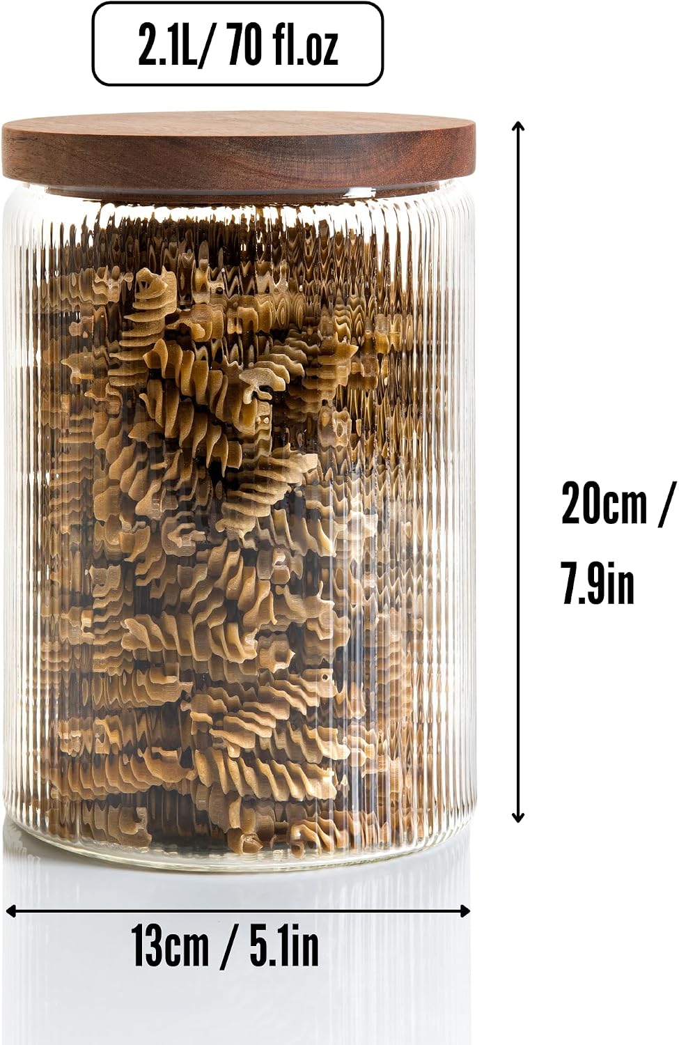 Mason & Fable Ribbed Glass Jar with Wooden Lid 70fl.oz- Set of 2 | Airtight Fluted Storage Container for Cookies, Pasta, Coffee, Dog Treats, Snacks | Organization Canisters for Home & Kitchen