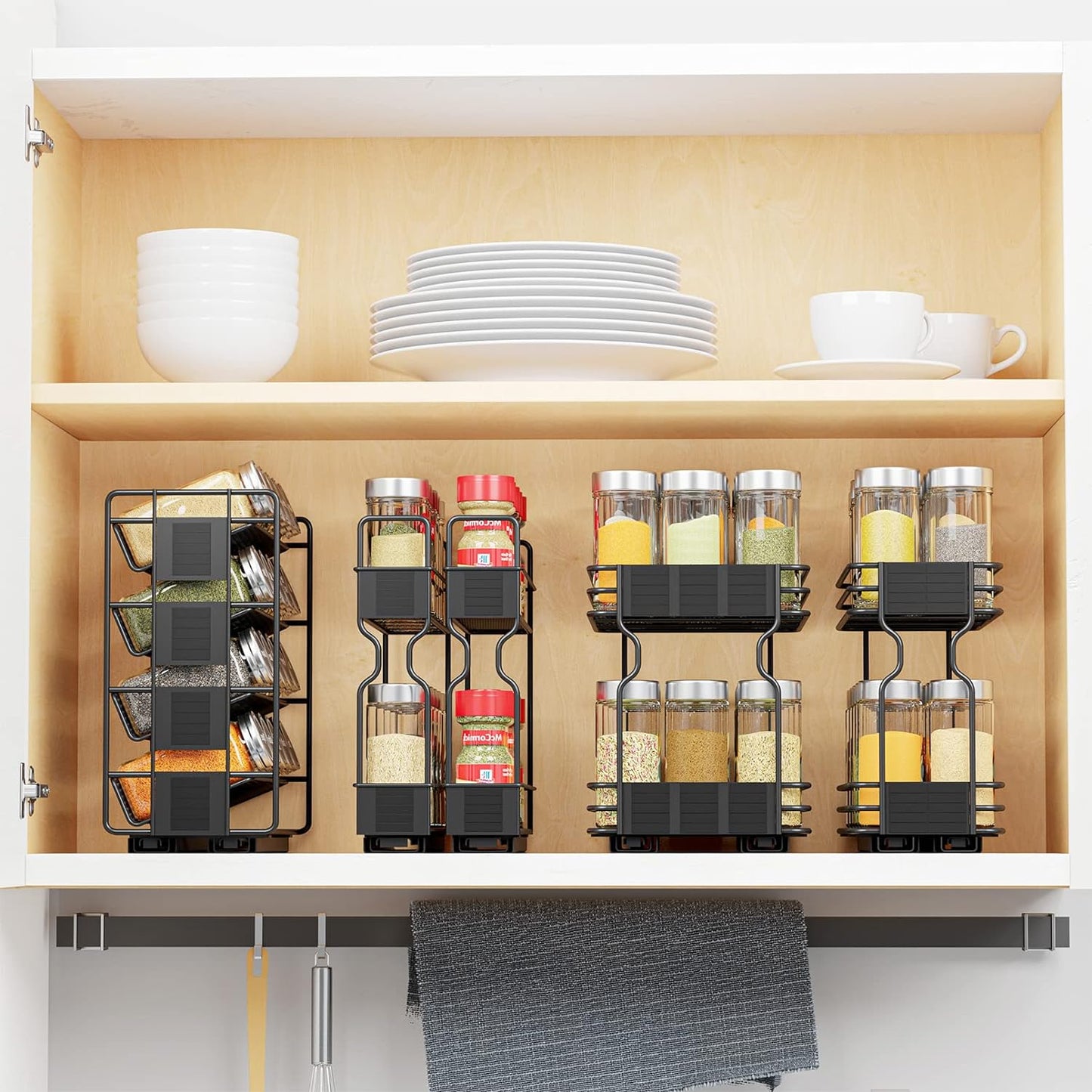 SpaceAid Pull Out Spice Rack Organizer with 20 Jars, Heavy Duty Slide Out Seasoning Organizer for Kitchen Cabinets, with 801 Labels and Chalk Marker, Right Facing (Pack of 2)