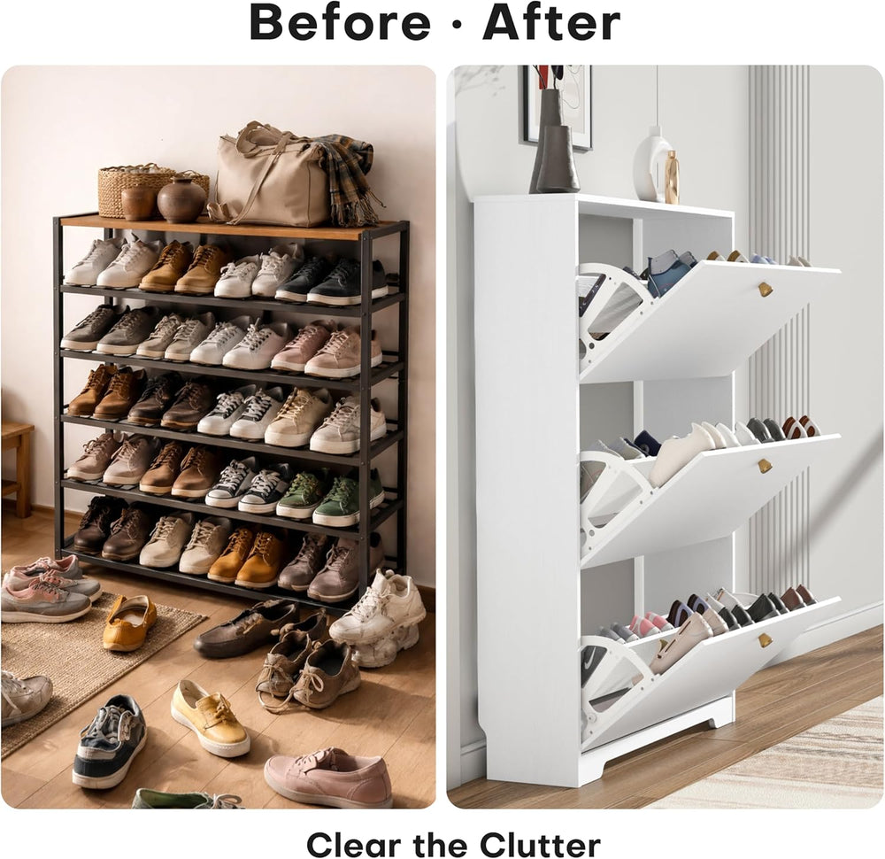 Nicetree Shoe Storage Cabinet with 3 Flip Drawer, Narrow Slim 3-Tier Shoe Org...