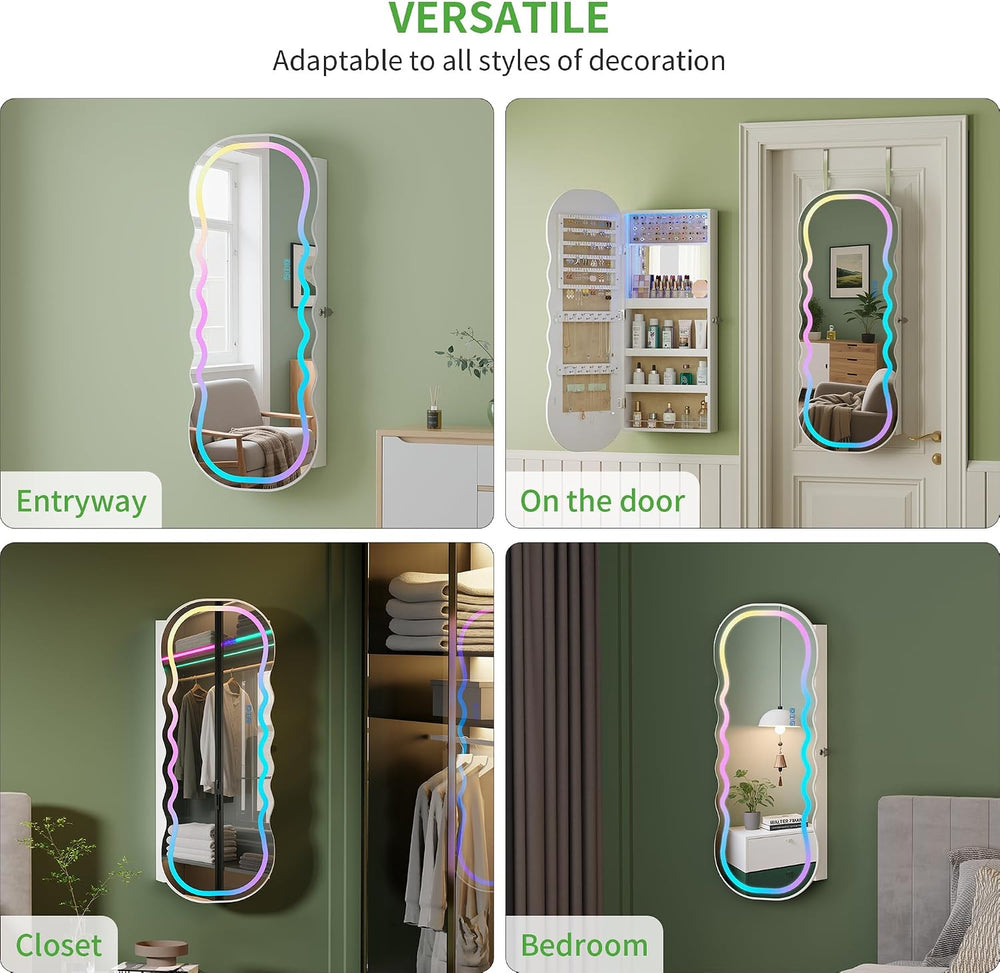 HNEBC LED Mirror Jewelry Cabinet with RGB Lights,42.5" Wall Mounted Jewe...