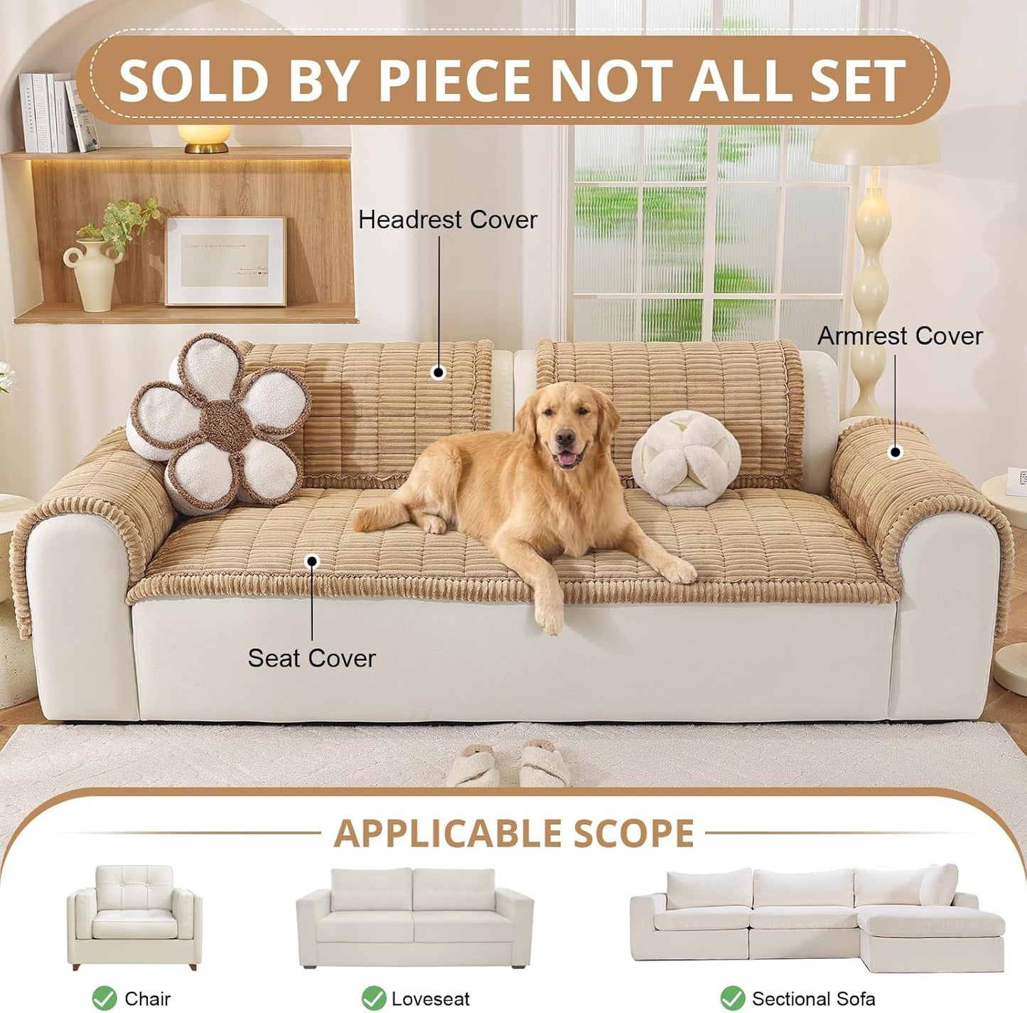 OstepDecor Couch Cover for Dogs, Washable Non Slip Sofa Cover for Pets, Soft Couch Covers for Sofa, Loveseat and Sectional, Furniture Protector Against Pet Hair & Scratches (20" x 24", Khaki)