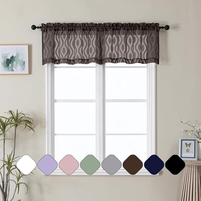 Aiyufeng Brown Valance Curtains 14 Inch Length, Chic Wavy Line Clip Jacquard by Aiyufeng