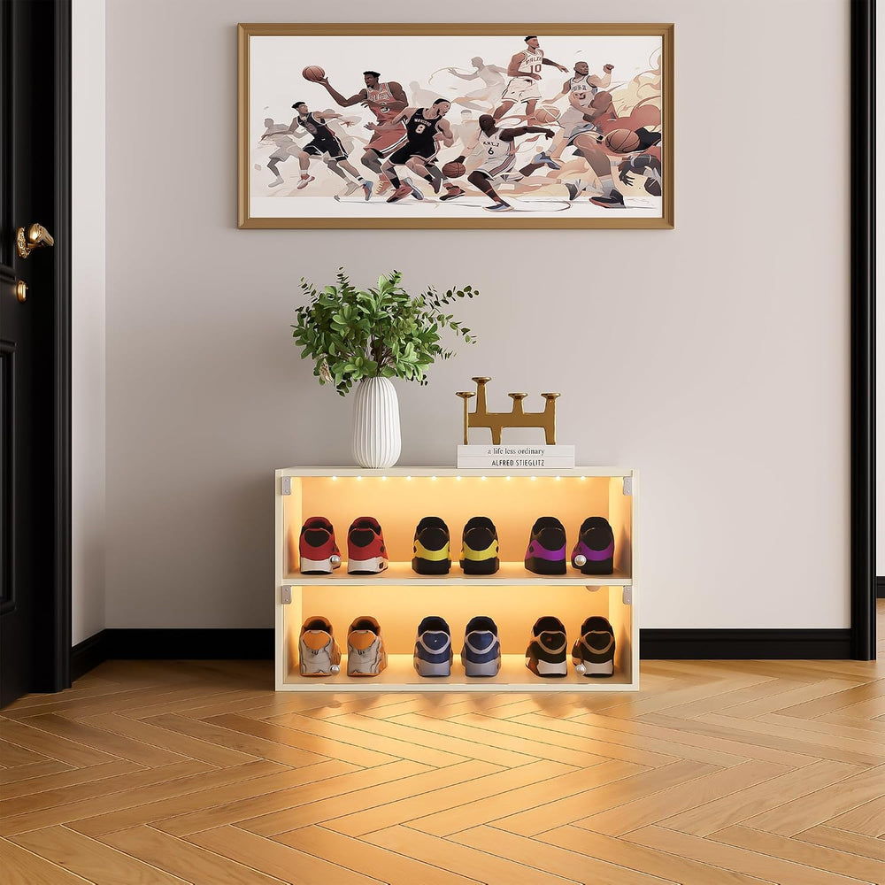 Wooden Shoe Storage Box, 2 Layers Shoe Organizer Storage Box with Glass Door,...