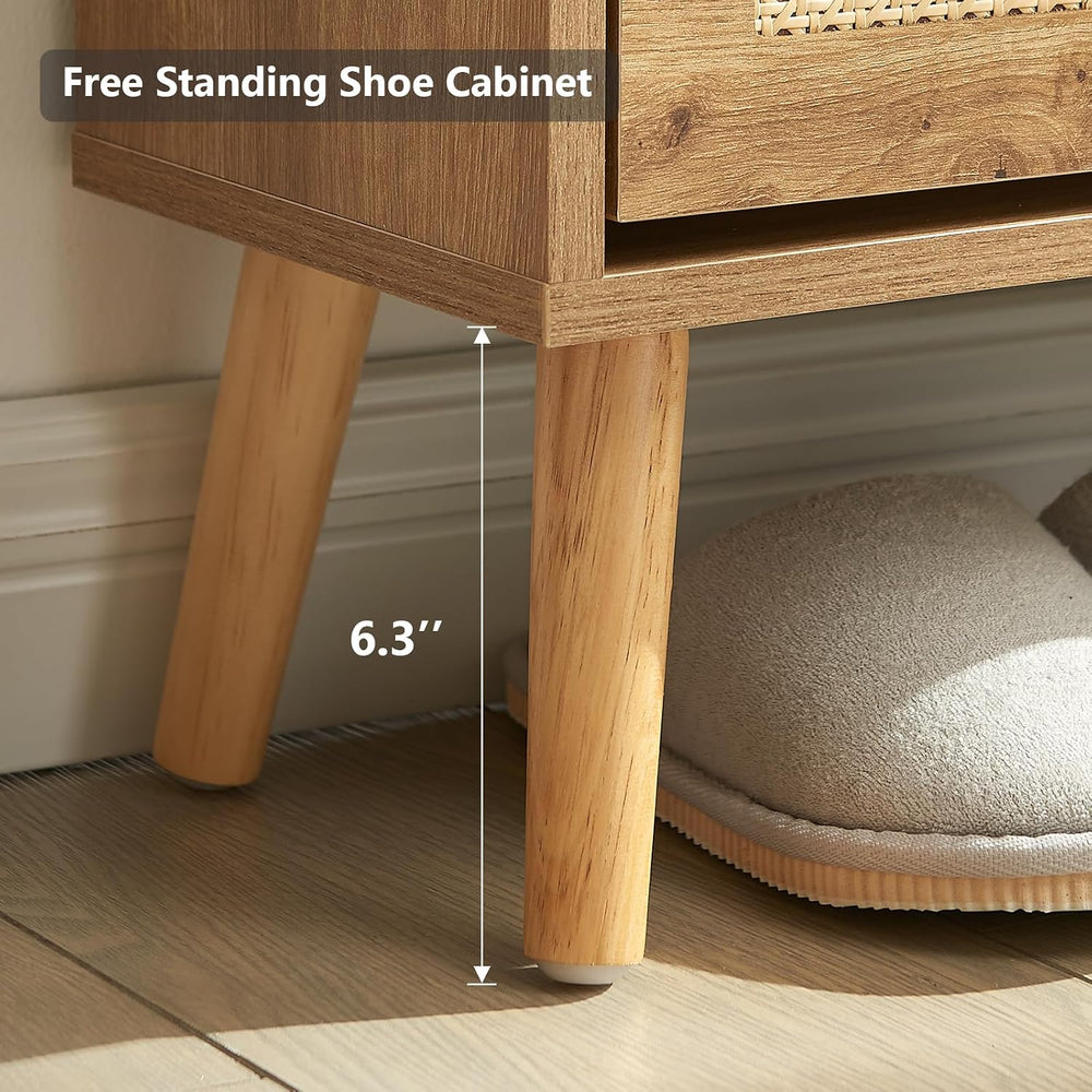 Hommoo Rattan Shoe Storage Cabinet with 2 Flip Doors, Wood Narrow Shoes Cabin...