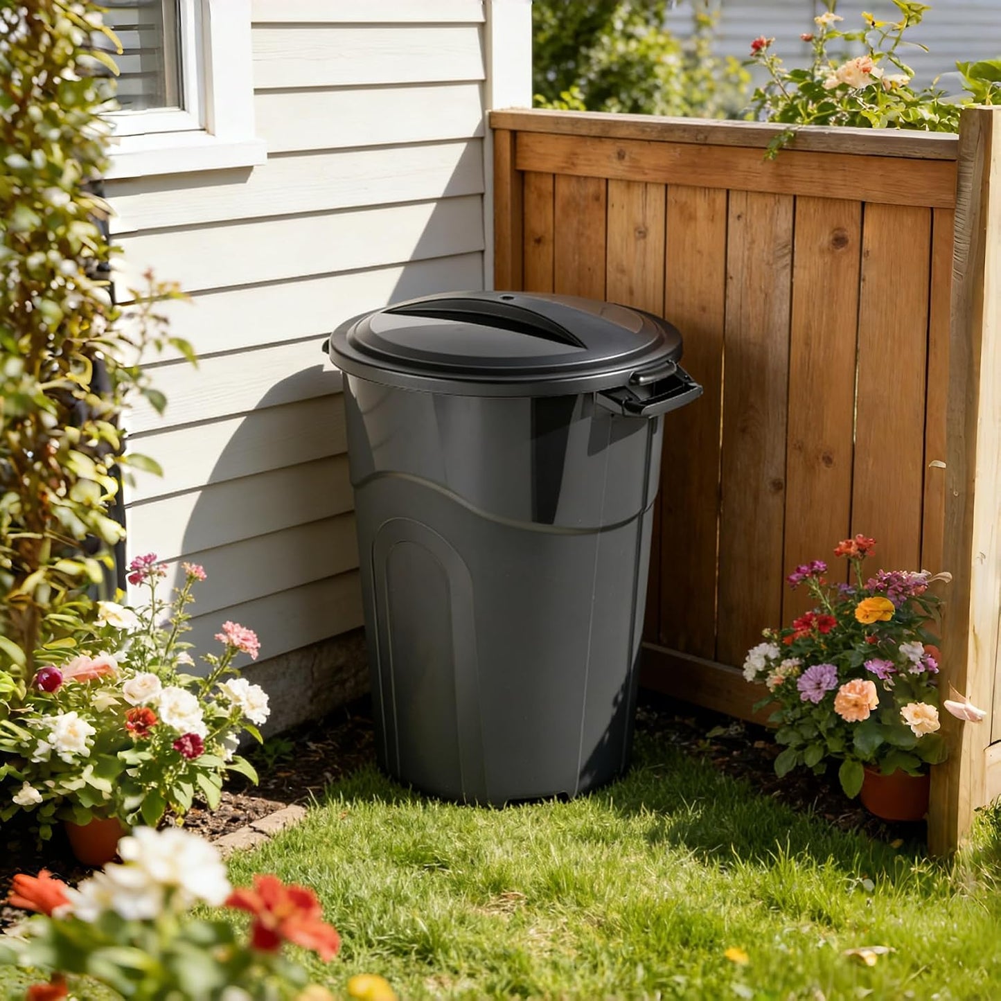 Black 32 Gallon Heavy Duty Plastic Garbage Can, Outdoor Trash can with Lid, Included Click Lock Lid and Sturdy Handles Garbage Bin for Outdoor, Kitchen, Garden, Garage