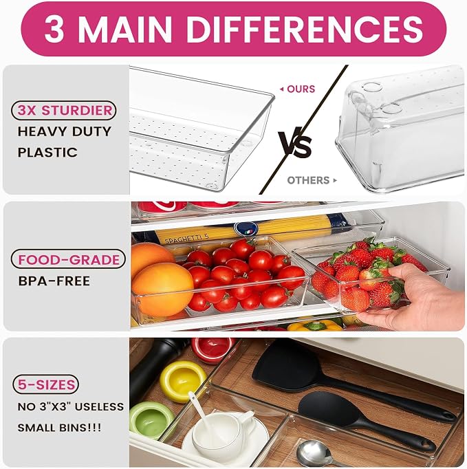 Criusia 26 Pack Large Clear Plastic Drawer Organizer Bins -5 Size Heavy Duty - Image 4