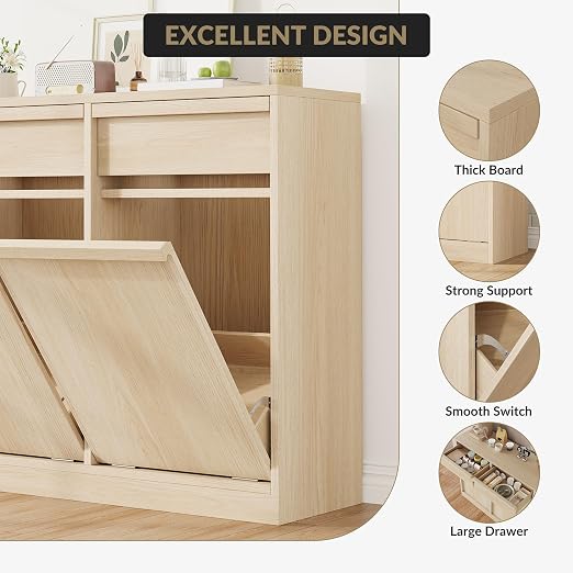 Double Tilt Out Trash Cabinet, Natural Wood Hidden Garbage Can Cabinet - Image 4