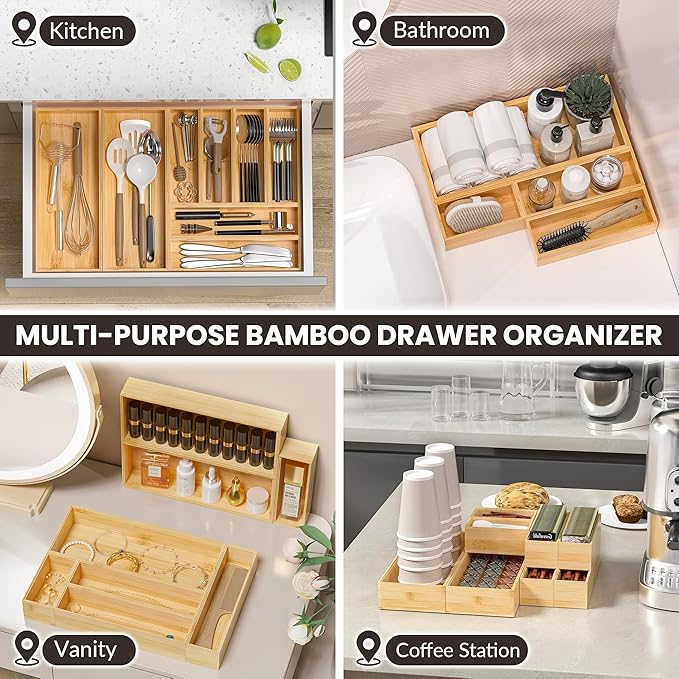 Kitchen Drawer Organizer Bins, Stackable Bamboo Drawer Organizer - Image 5