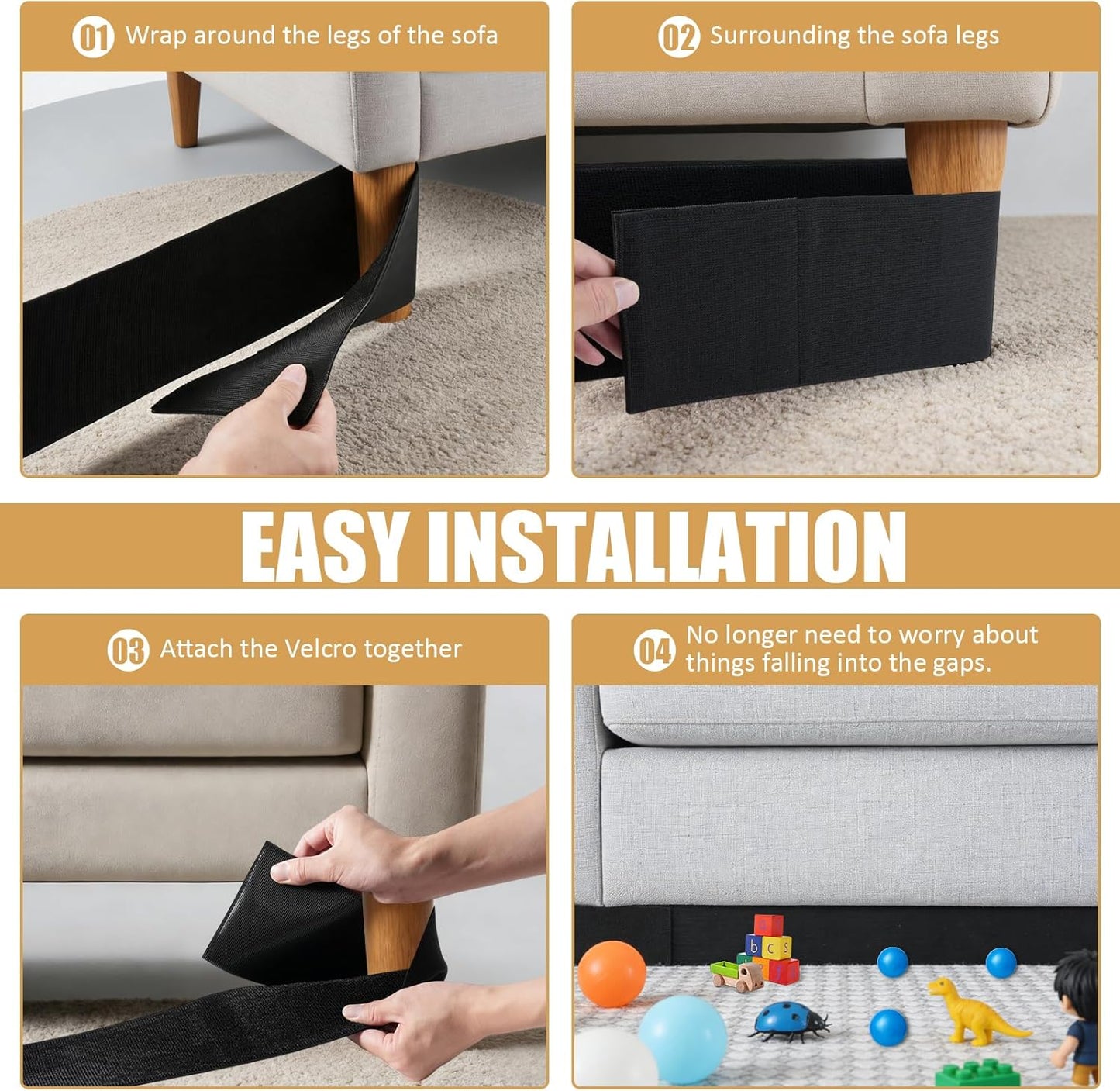 Under Couch Blocker Adjustable Elastic Couch Bed Blockers Suitable for Right-Angle Furniture Legs, for Pets and Kids Toys to Prevent Things from Going Under Sofa (5''×132'')