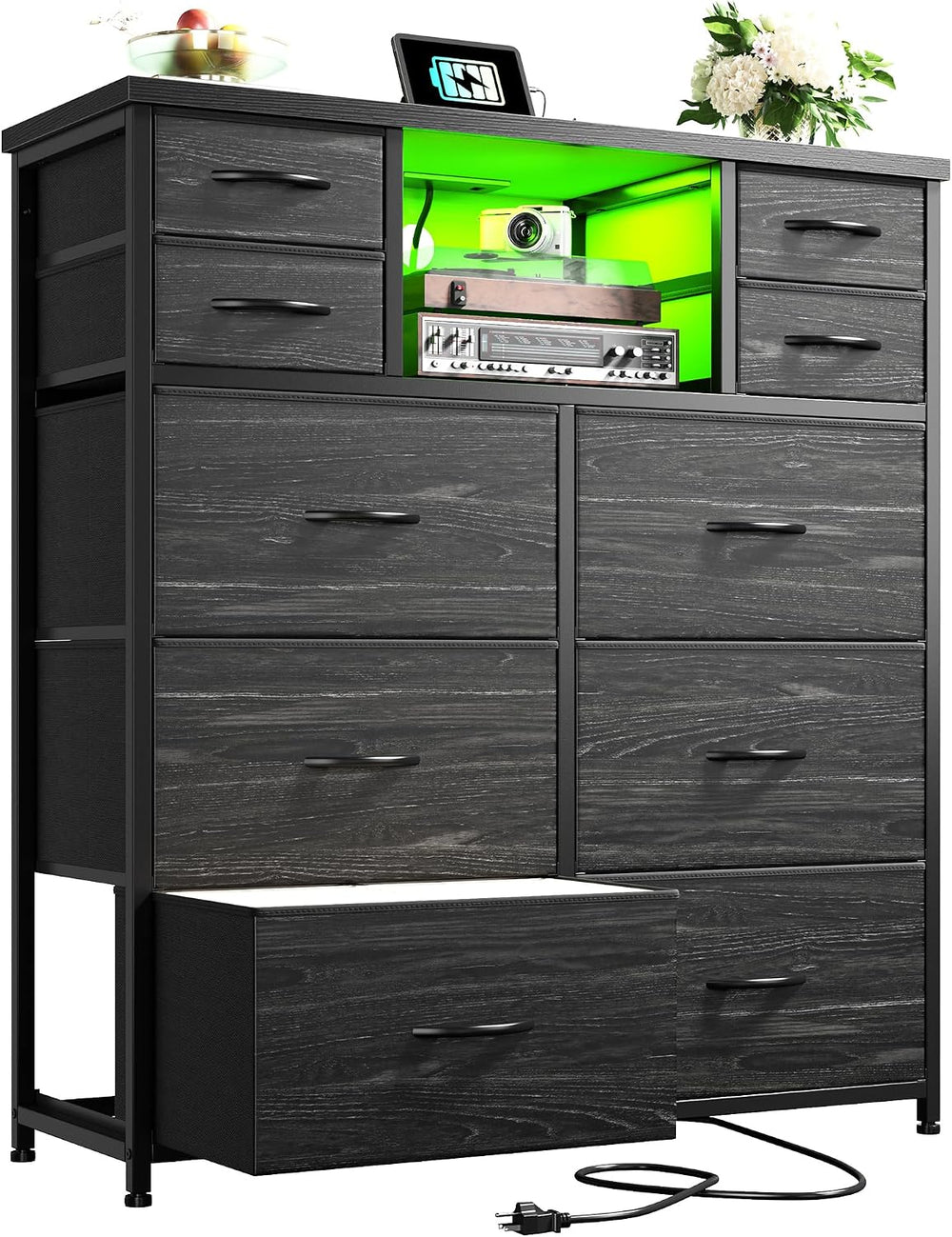 Romorgniz Black Dresser for Bedroom with 10 Drawers, LED & Charging Station