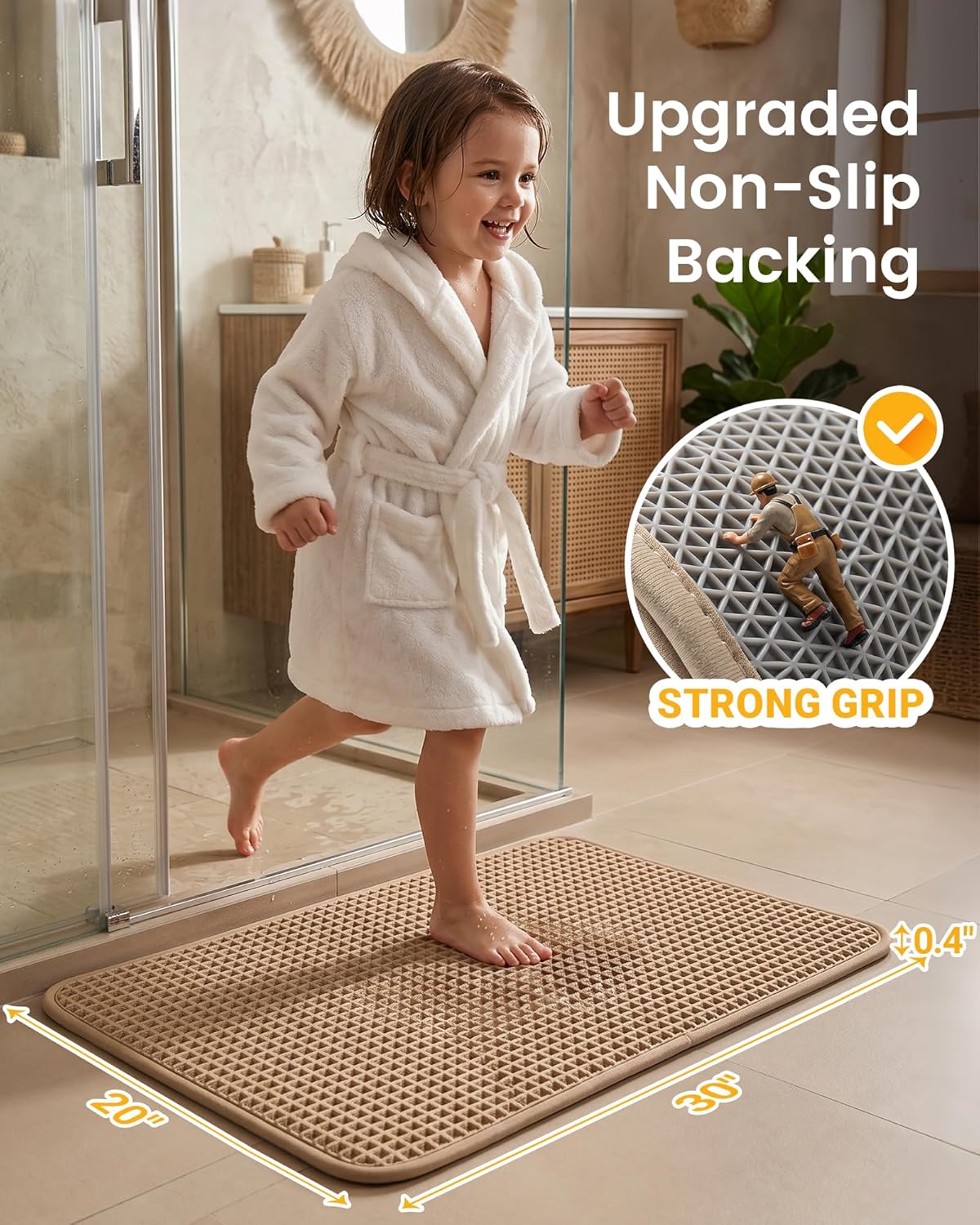 Furicher Upgraded Non Slip Waffle Bath Mat, Super Absorbent Bathroom Rugs, 20x30 inch Boho Decor Kitchen Rug, Soft & Machine Washable Bathroom Floor Mat for Tub, Sink, Vanity, Entryway (Brown)